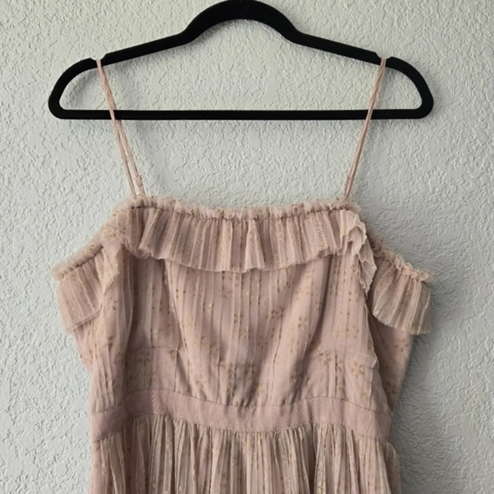 J Crew 8 Ruffly Tulle Midi dress Dusty Pink Micro Floral Ditsy Print Square Neck - Picture 3 of 10